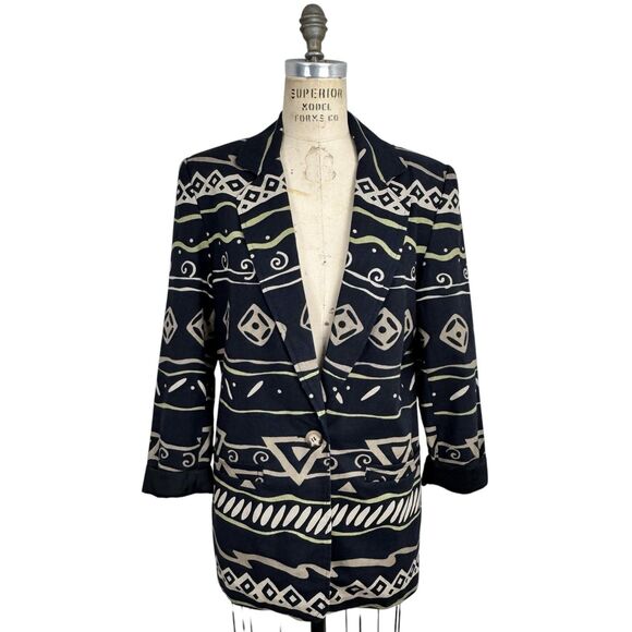 Vintage Rafaella Blazer Womens 8 Black Linen Cotton Southwestern Aztec Artsy 90s - Picture 4 of 16